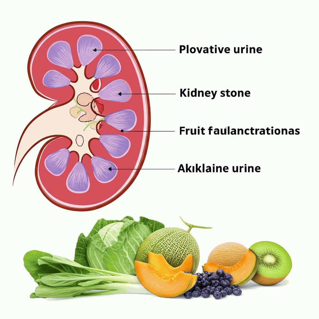 Illustrative image showing kidney anatomy and healthy food items to prevent kidney stones