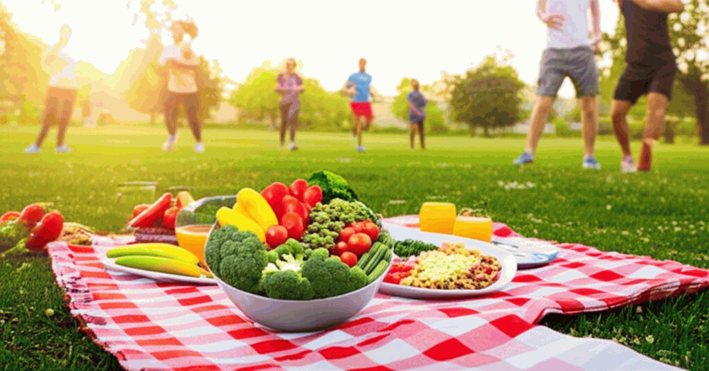 Healthy meal and active outdoor exercise scene
