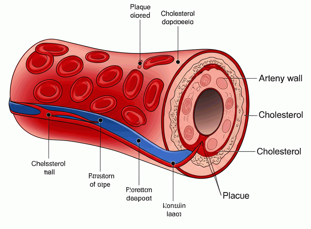 Medical illustration depicting cholesterol plaque buildup in blood vessels