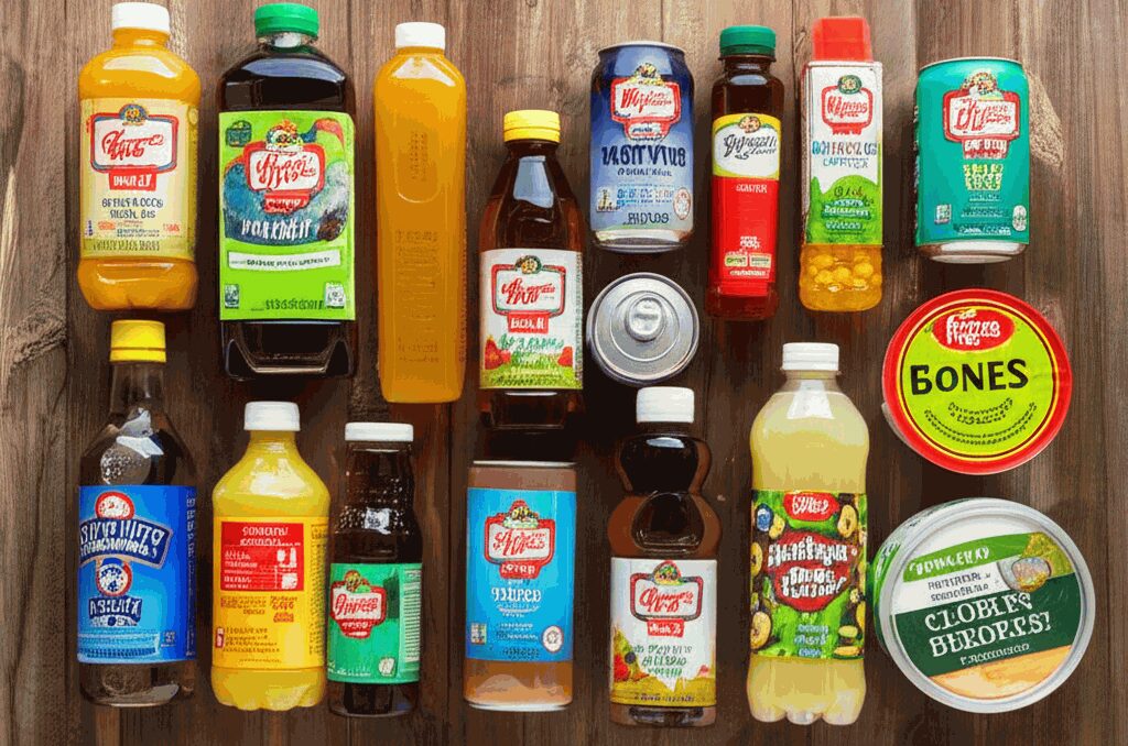 High fructose packaged foods and drinks displayed on a table