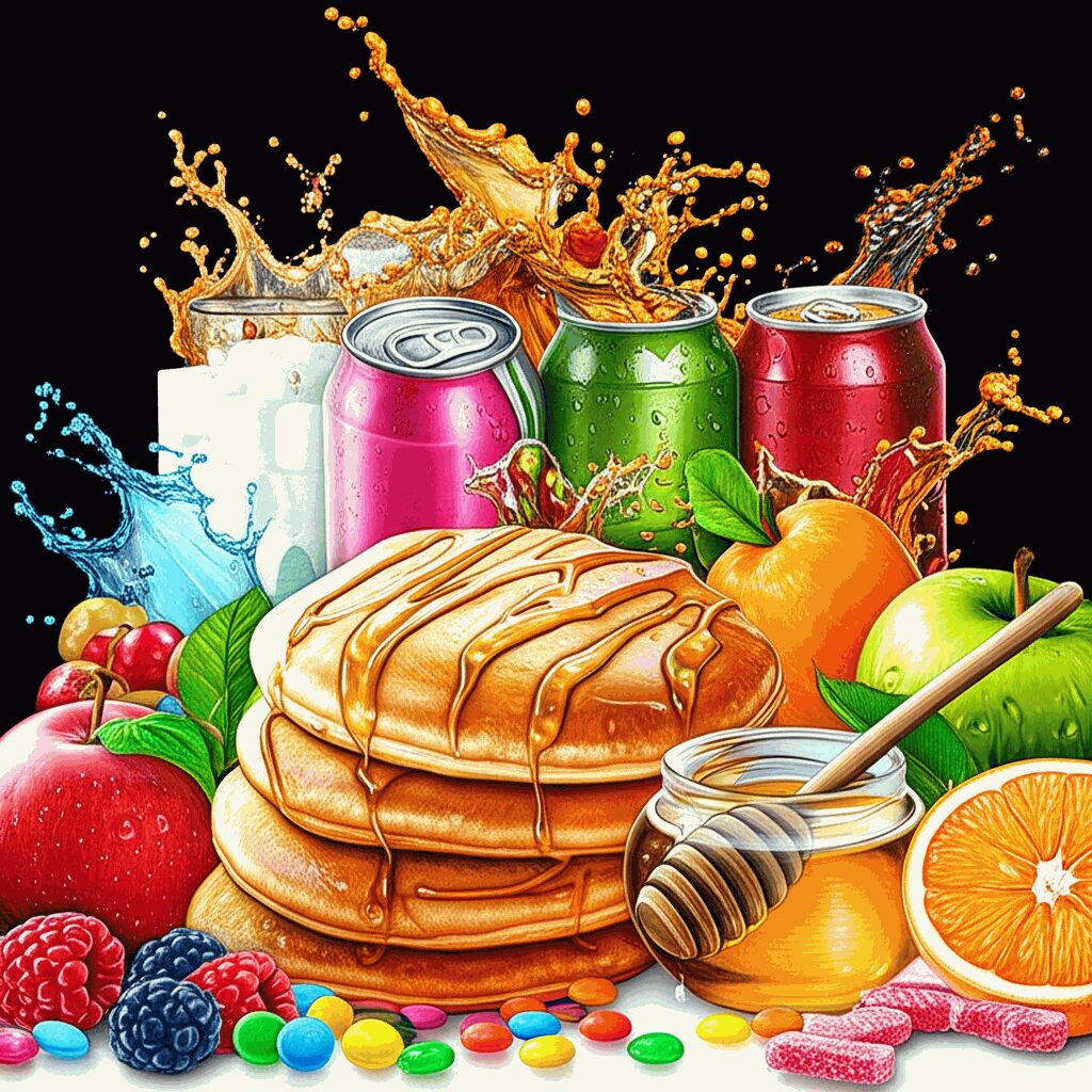 Artistic illustration contrasting sugary foods and healthy foods
